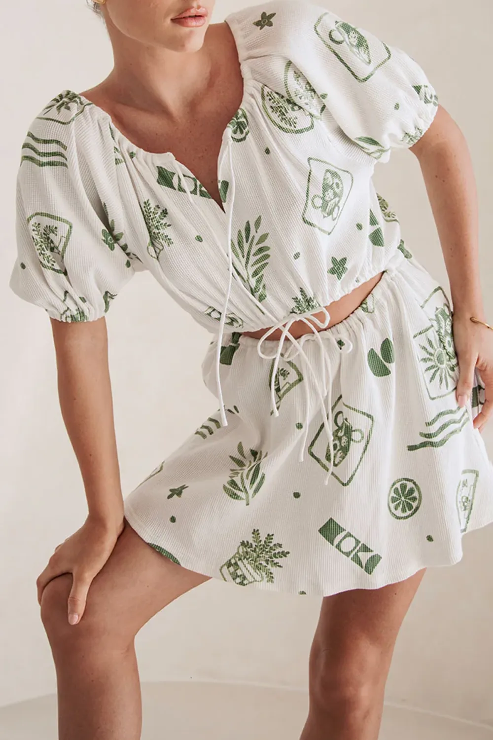 Leaf Print Short Sleeve Tie Waist Mini Dress