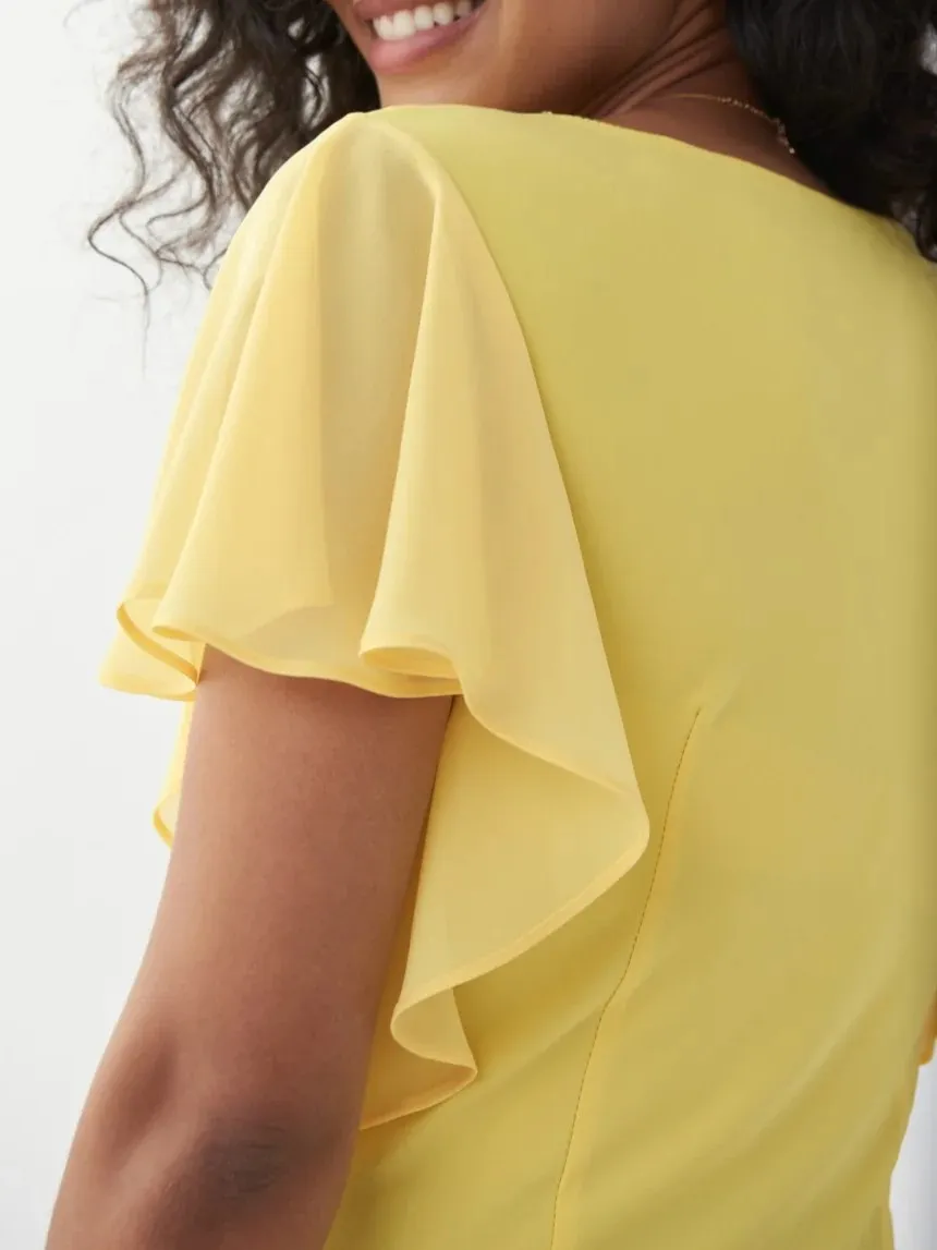 Yellow Ruffled V - Neck Short - Sleeve Top