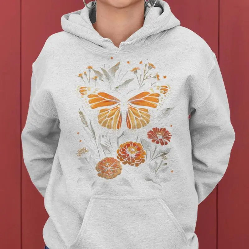 Vintage Monarch Butterfly Cute Zinnias Flower Girl Plant Mom Women Hoodie