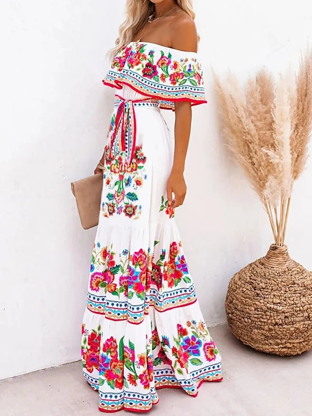 Women's Swing Dress Boho Dress Long Dress Maxi Dress Black White Yellow Short Sleeve Floral Cold Shoulder Summer Spring Off Shoulder Romantic Vacation Summer Dress Spring Dress Regular Fit 2023 S M L