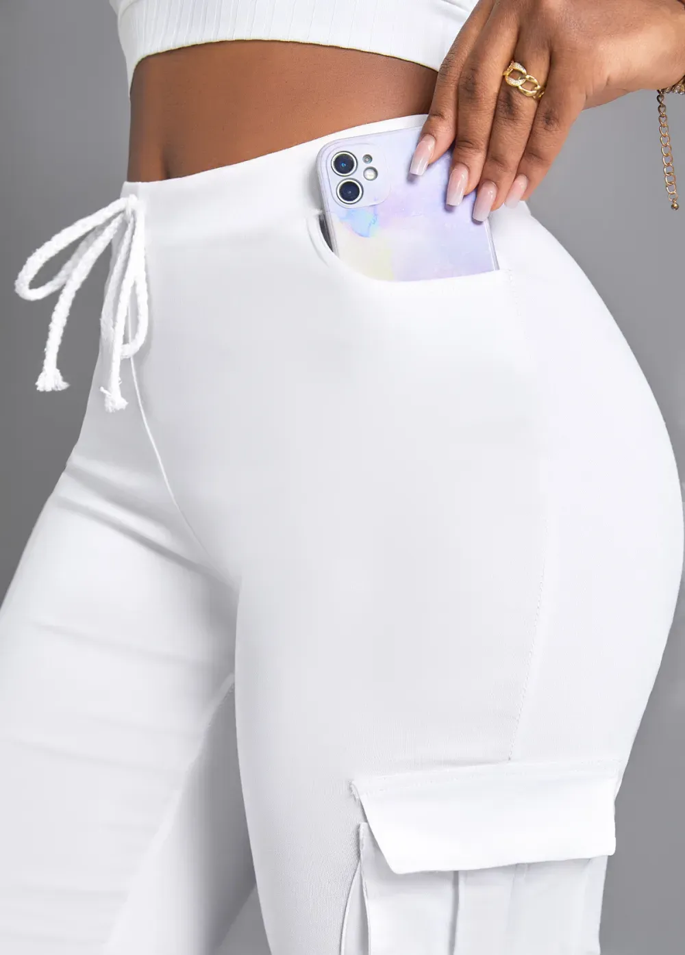 White Pocket Skinny Drawastring High Waisted Pants