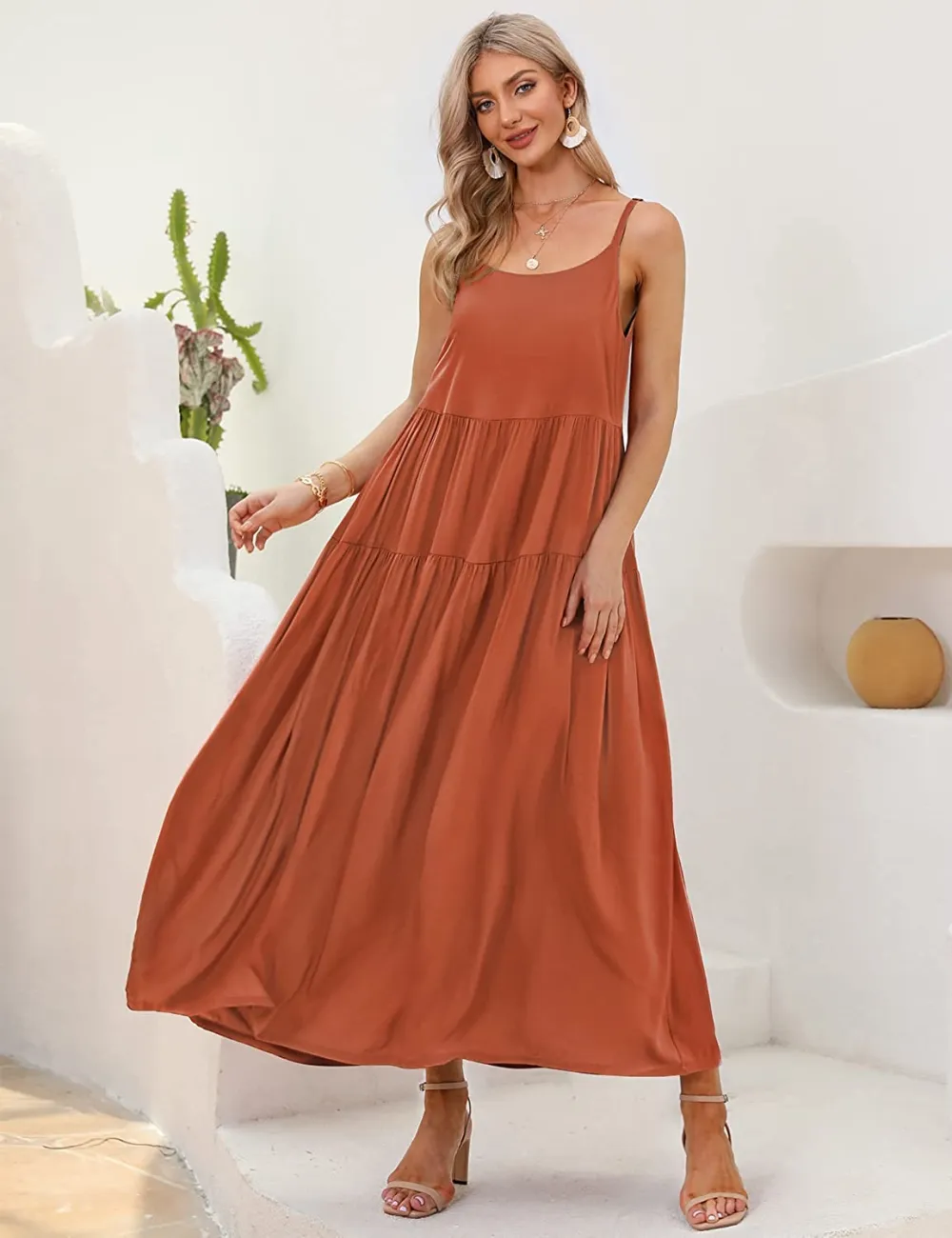 Summer Dresses for Women Casual Loose Bohemian Floral Dress with Pockets Spaghetti Strap Maxi Dress E75