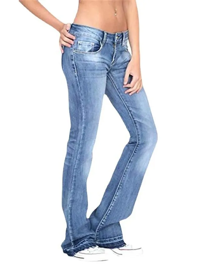 Women‘s Flare Low Rise Jeans Pants Bootcut Full Length Denim Pocket Stretchy High Waist Casual Daily  Navy Blue Light Blue S M