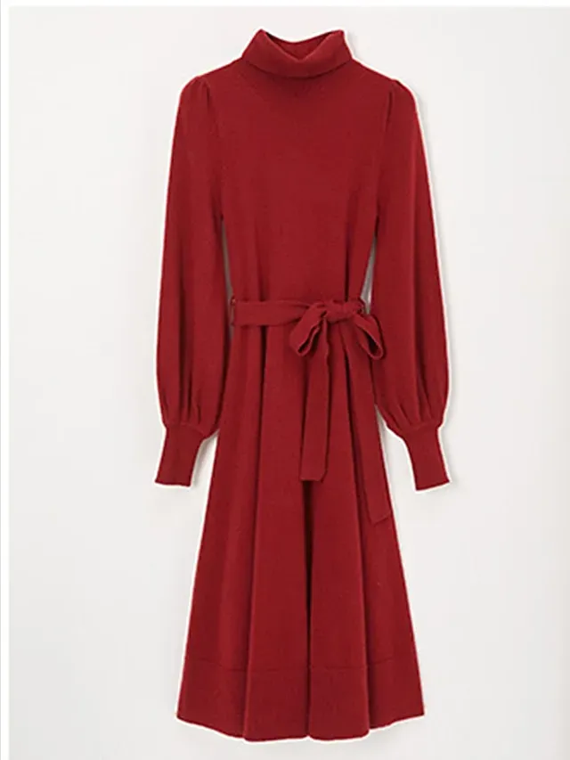 Women's Red Christmas Dress Sweater Dress Jumper Dress Midi Dress Warm Fashion Casual Plain Outdoor Christmas Daily Vacation Turtleneck Long Sleeve Lace up 2023 Regular Fit Black Wine Blue One Size