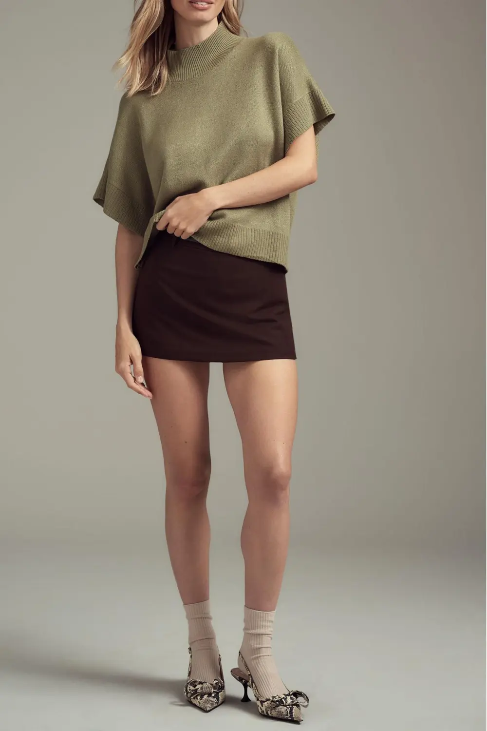 Mock-Neck Flared-Cap-Sleeve Sweater