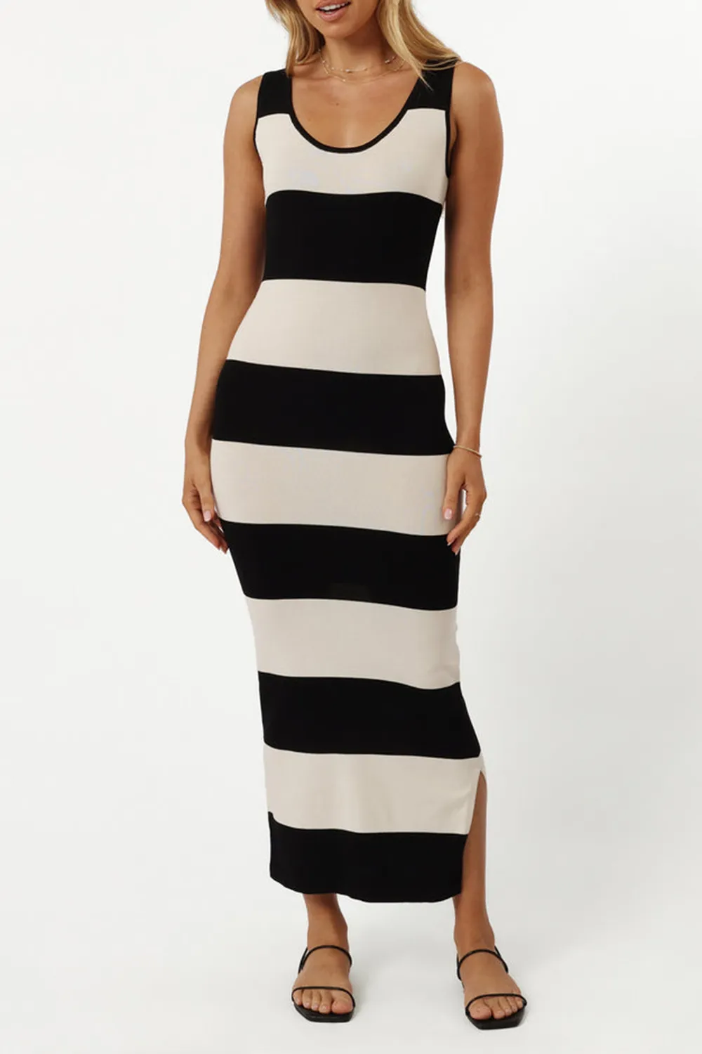 CREAM/BLACK STRIPE MIDI DRESS