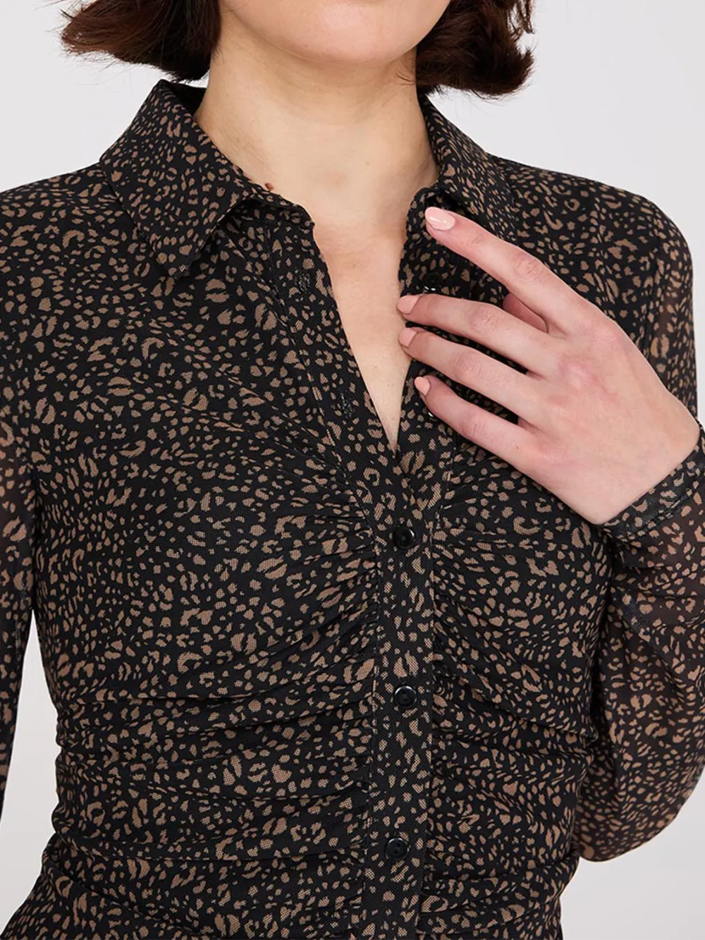 Animal Print Button-Front Gathered Mesh Dress