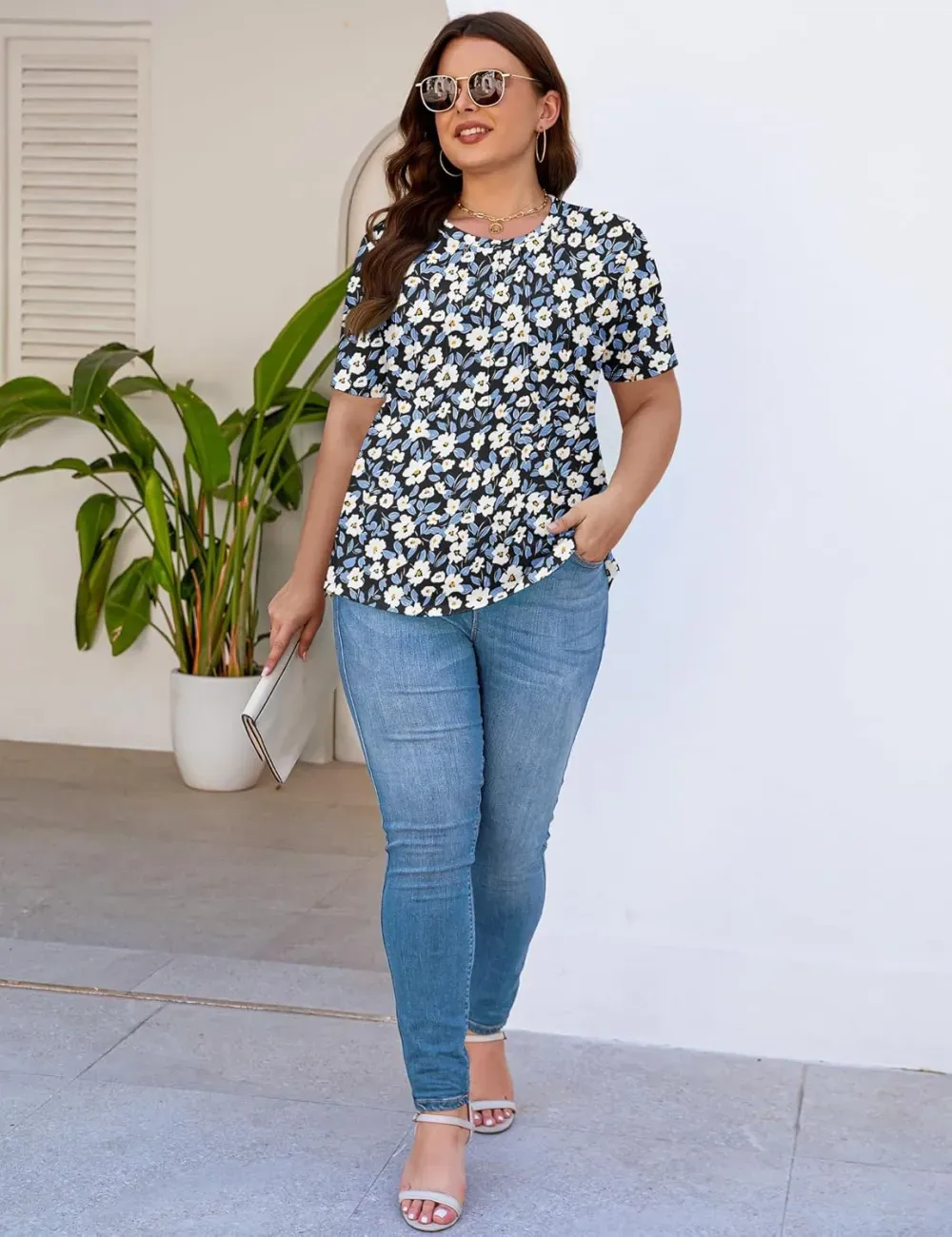 Kistore Womens Casual Crew Neck Short Sleeve Pleated Tops Blouses Fashion Clothes 2024