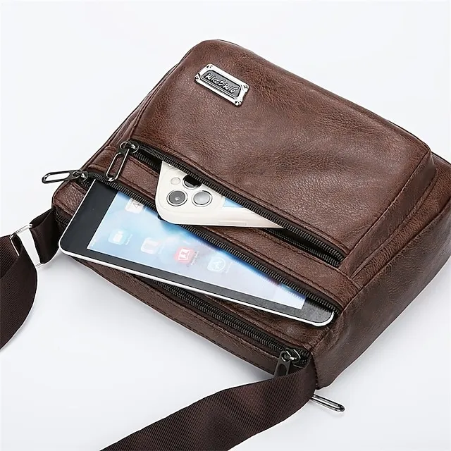 Men's Crossbody Bag Shoulder Bag Messenger Bag PU Leather Daily Holiday Zipper Adjustable Large Capacity Waterproof Solid Color Black Brown khaki