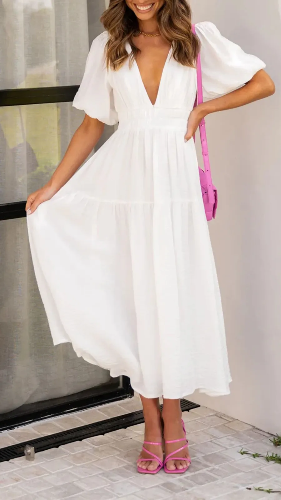 Solid Color Puffy Midi Dress