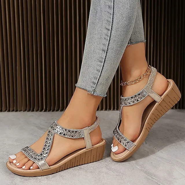 Women's Sandals Boho Bohemia Beach Plus Size Sparkly Sandals Daily Beach Walking Summer Sparkling Glitter Platform Open Toe Elegant Casual Minimalism Faux Leather Elastic Band Solid Color Silver Black