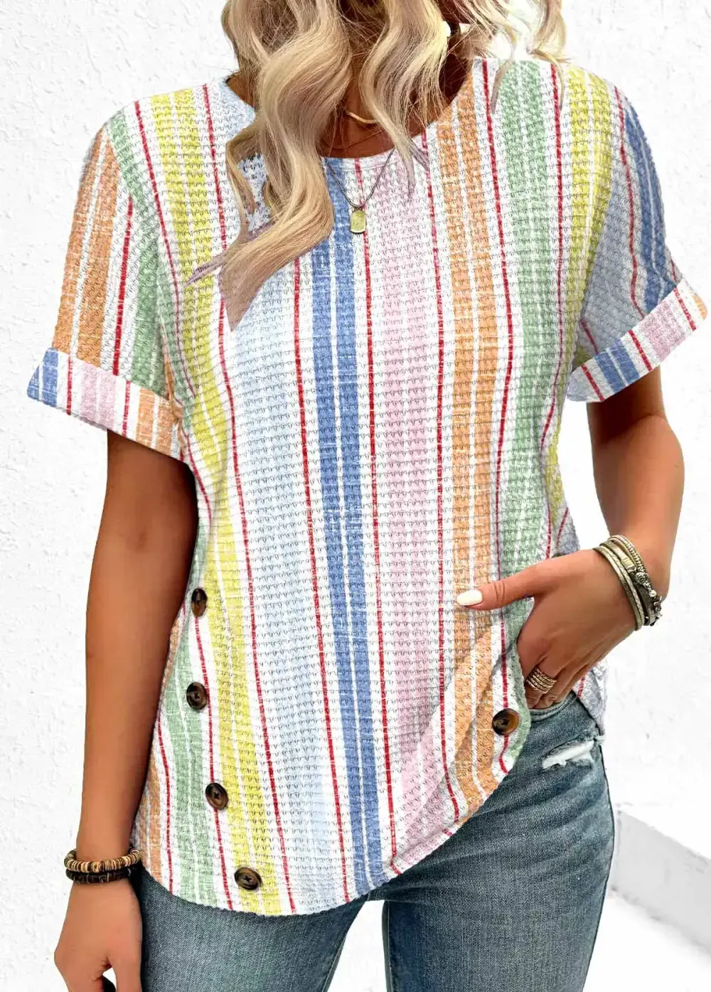 Multi Color Button Striped Short Sleeve T Shirt