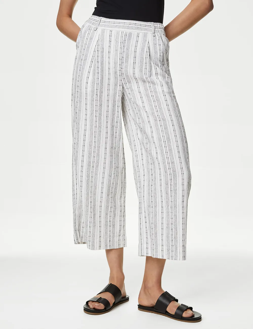 Linen Striped Wide Leg Trousers