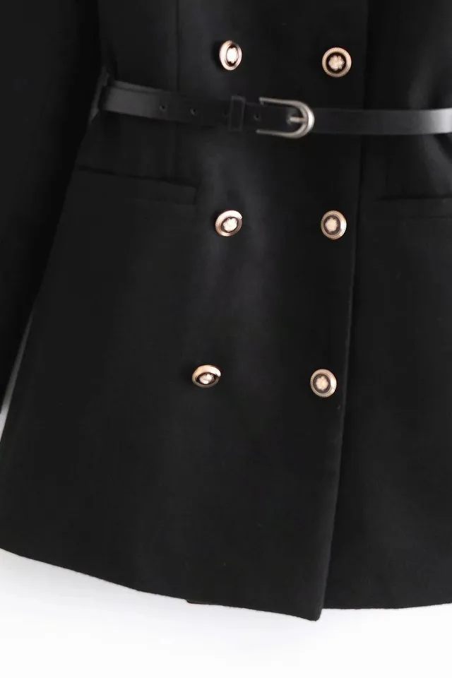 Front Buttons Stand Collar Coat in Black