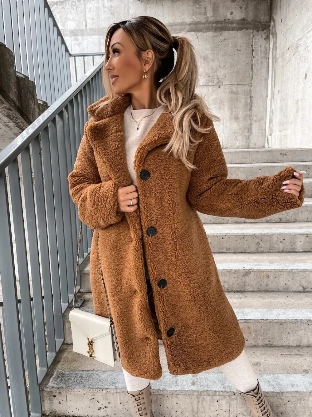 Solid Single Breasted Lapel Fluff Coat