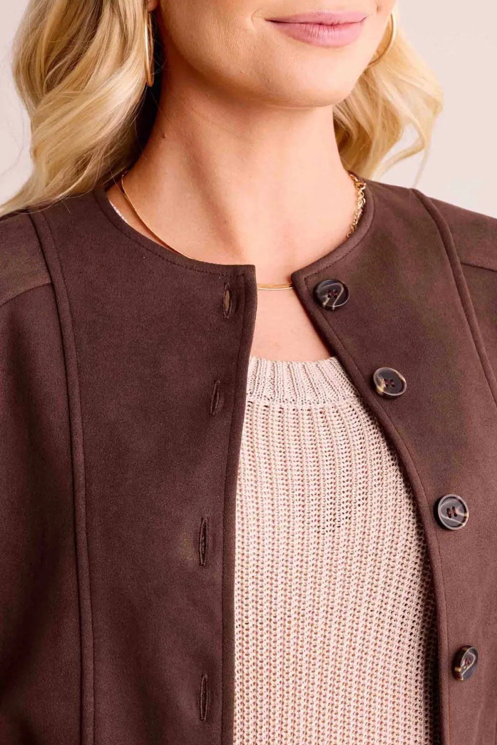 Chocolate Brown Button-Front Cropped Jacket