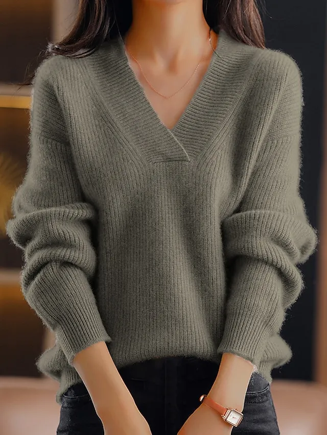 Women's Pullover Sweater Jumper V Neck Ribbed Knit Polyester Oversized Fall Winter Regular Outdoor Daily Going out Stylish Casual Soft Long Sleeve Solid Color Navy Blue Blue Camel S M L