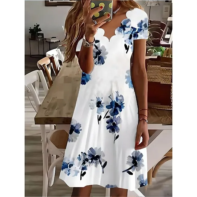 Women's Casual Dress Shift Dress Floral Dress Mini Dress Black And White Black White Short Sleeve Floral Print Summer Spring Scalloped Neck Fashion Vacation 2023 S M L XL XXL 3XL