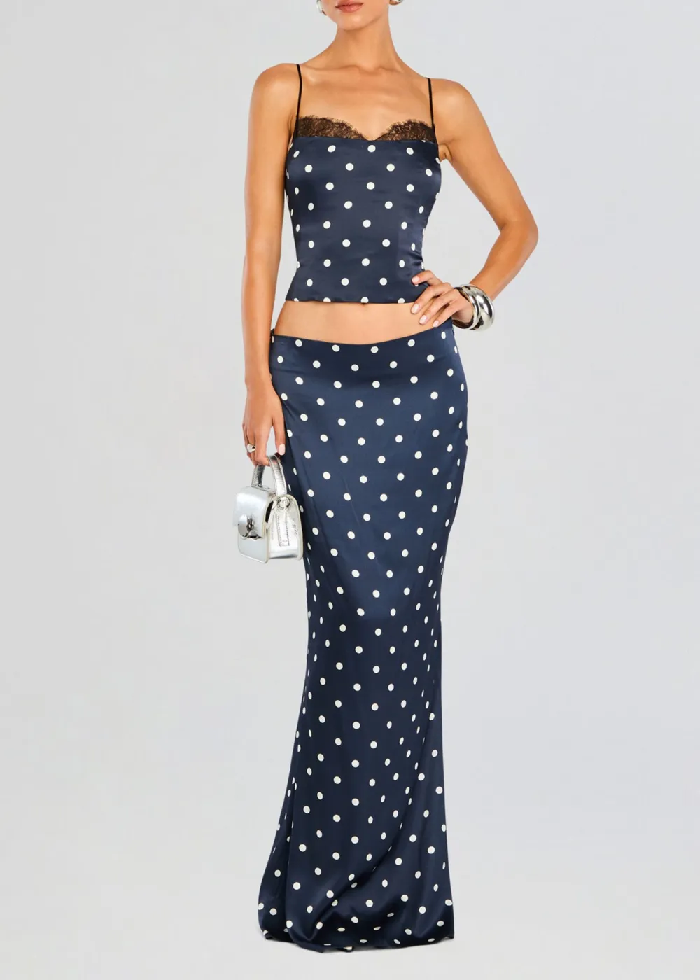 Navy Polka Dot Maxi Skirt
