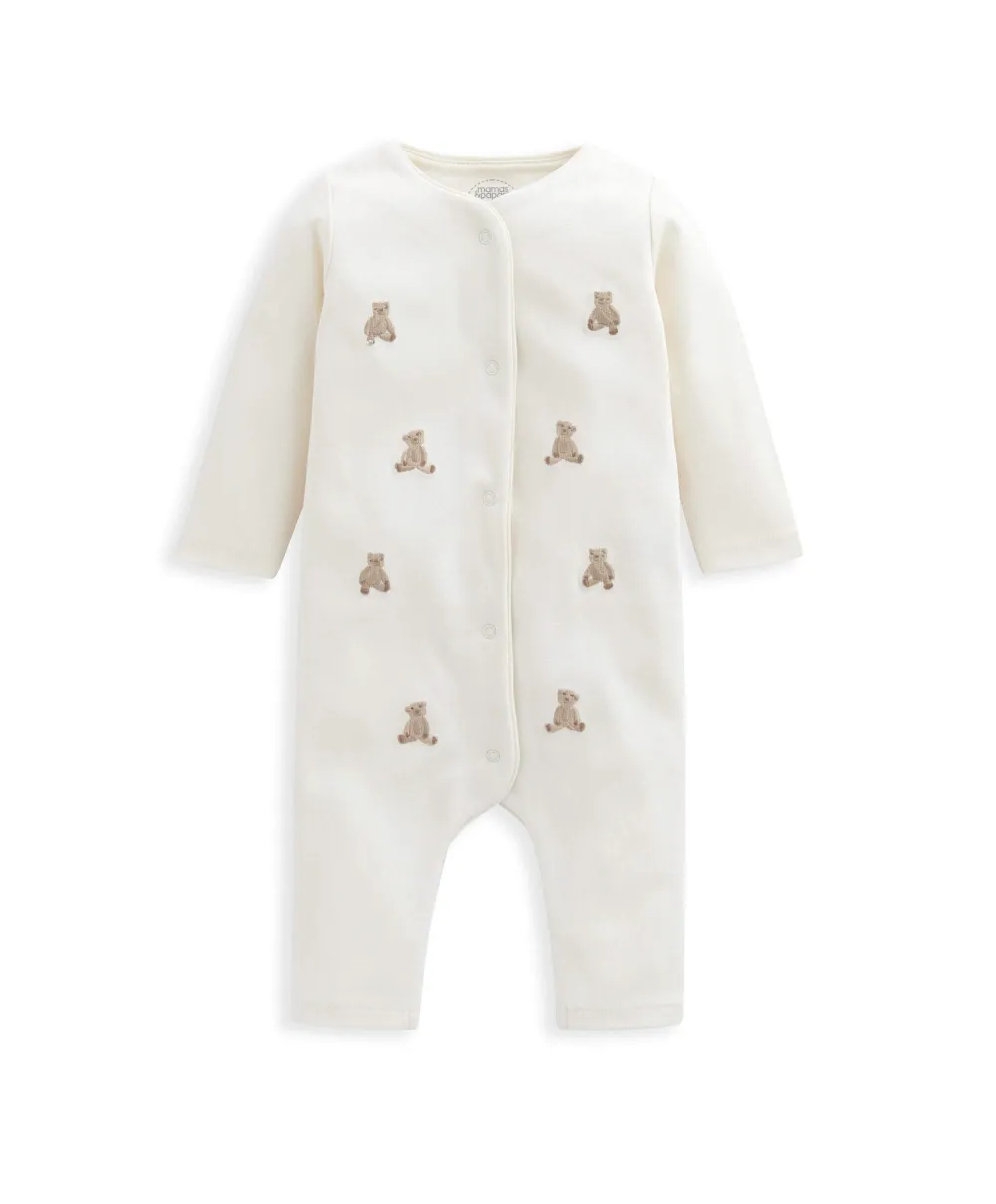 Embroidered Teddy Bear Romper - Cream