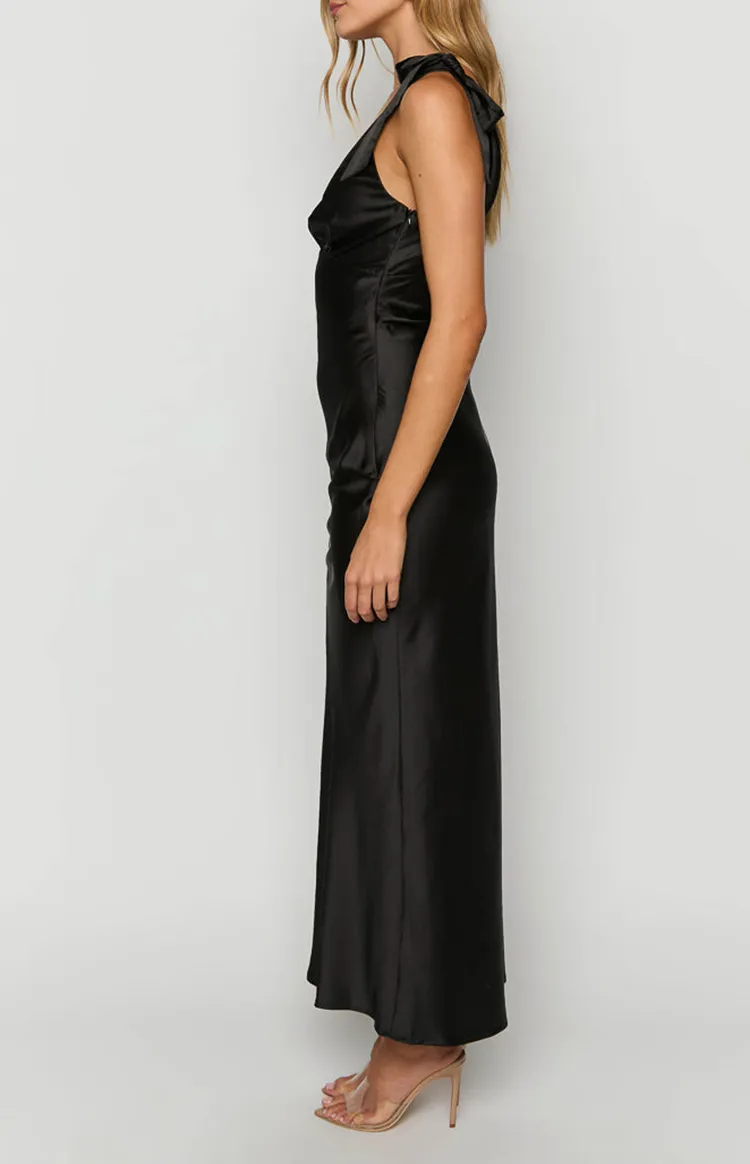 V-Neck Black Satin Maxi Dress