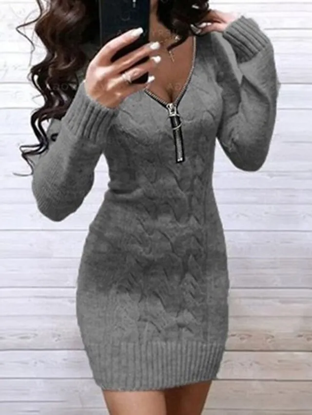 Women‘s Sweater Dress Winter Dress Wine Red Denim Blue Black gray Green Pink Light Gray Light Blue Grey White Long Sleeve Pure Color Jacquard Winter Fall V Neck Casual 2022 S M L XL XXL XXXL
