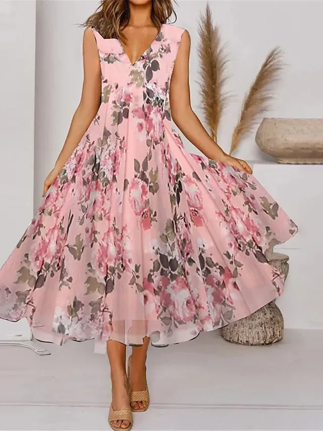 Women's Two Piece Dress Set Casual Dress Chiffon Dress Outdoor Daily Fashion Modern Print Midi Dress V Neck Half Sleeve Floral Regular Fit Pink Summer Spring S M L XL XXL