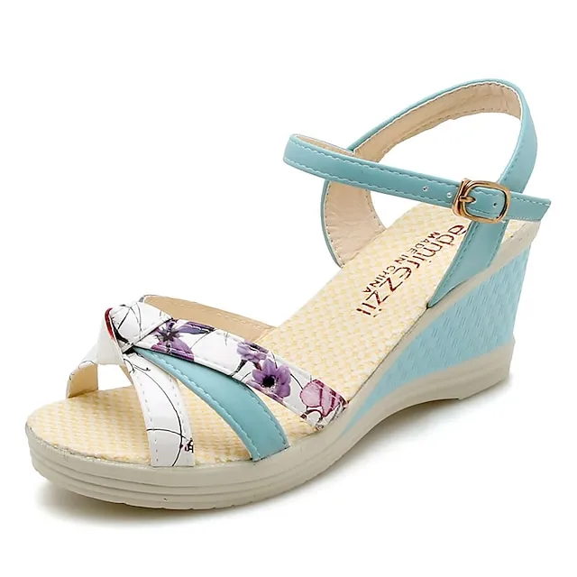 Women's Sandals Wedge Sandals Ankle Strap Sandals Party Daily Summer Wedge Heel Peep Toe Elegant Sexy PU Leather Faux Leather Ankle Strap Color Block White Pink Blue
