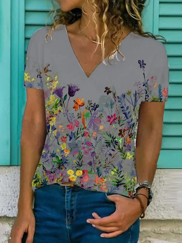 Women's T shirt Tee Black White Blue Graphic Floral Print Short Sleeve Casual Daily Basic V Neck Regular Floral Butterfly S