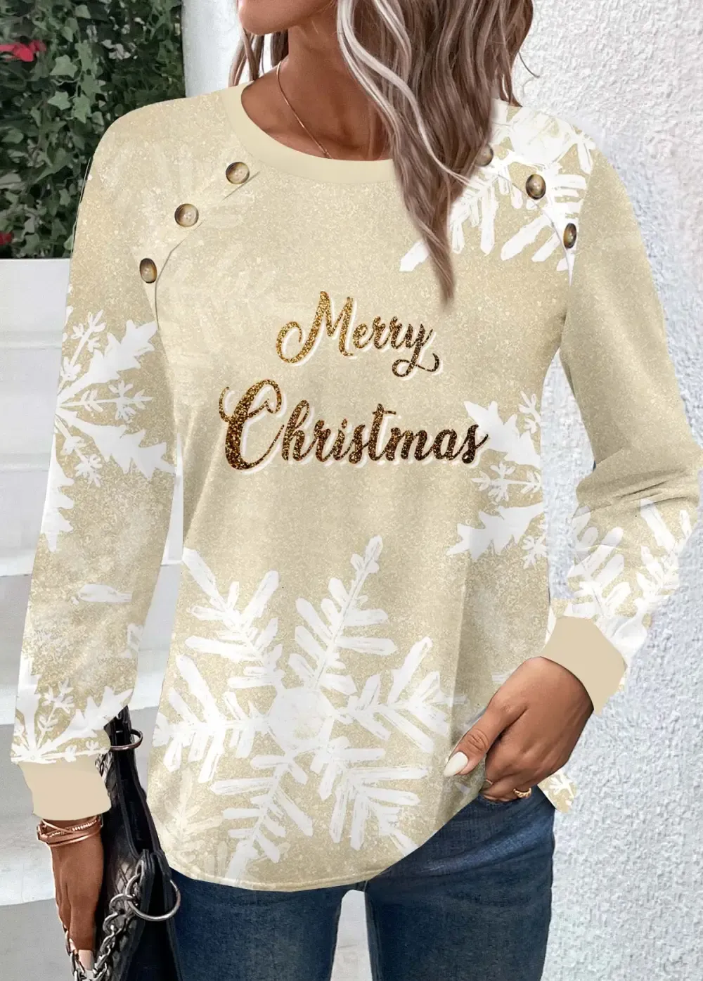Champagne Button Snowflake Print Christmas Round Neck Sweatshirt