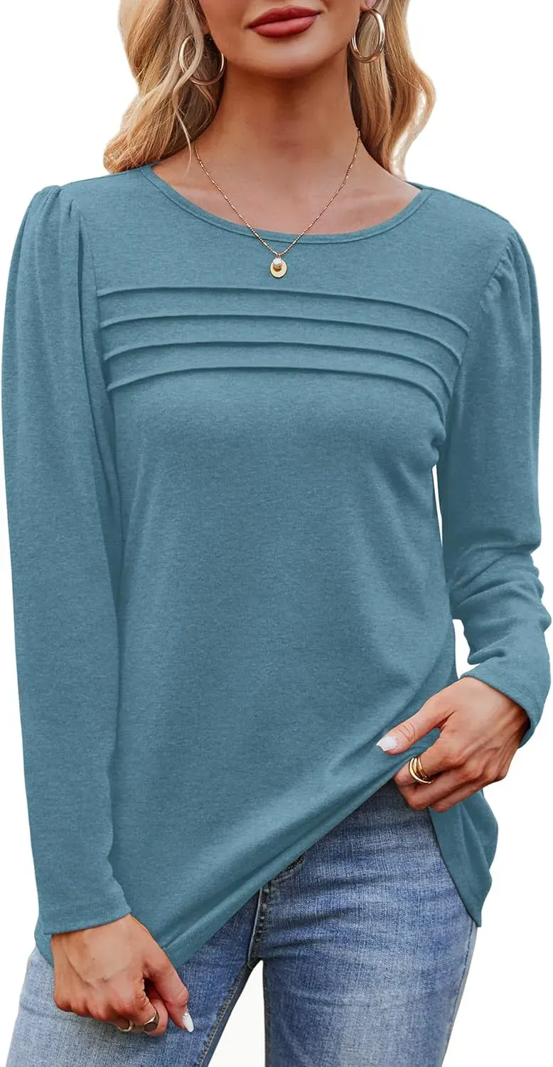 OFEEFAN Long Sleeve Shirts for Women Fall Fashion 2024 Dressy Casual Blouses Trendy Pleated Tunic Tops for Leggings