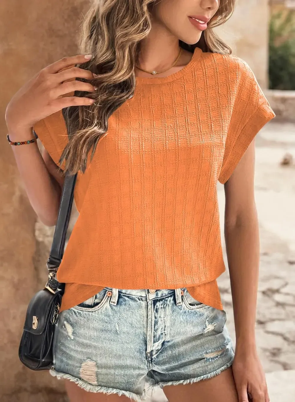 Dokotoo Tops for Women Trendy Summer Casual Cap Short Sleeve Basic Textured Solid Color Round Neck T Shirts Blouse