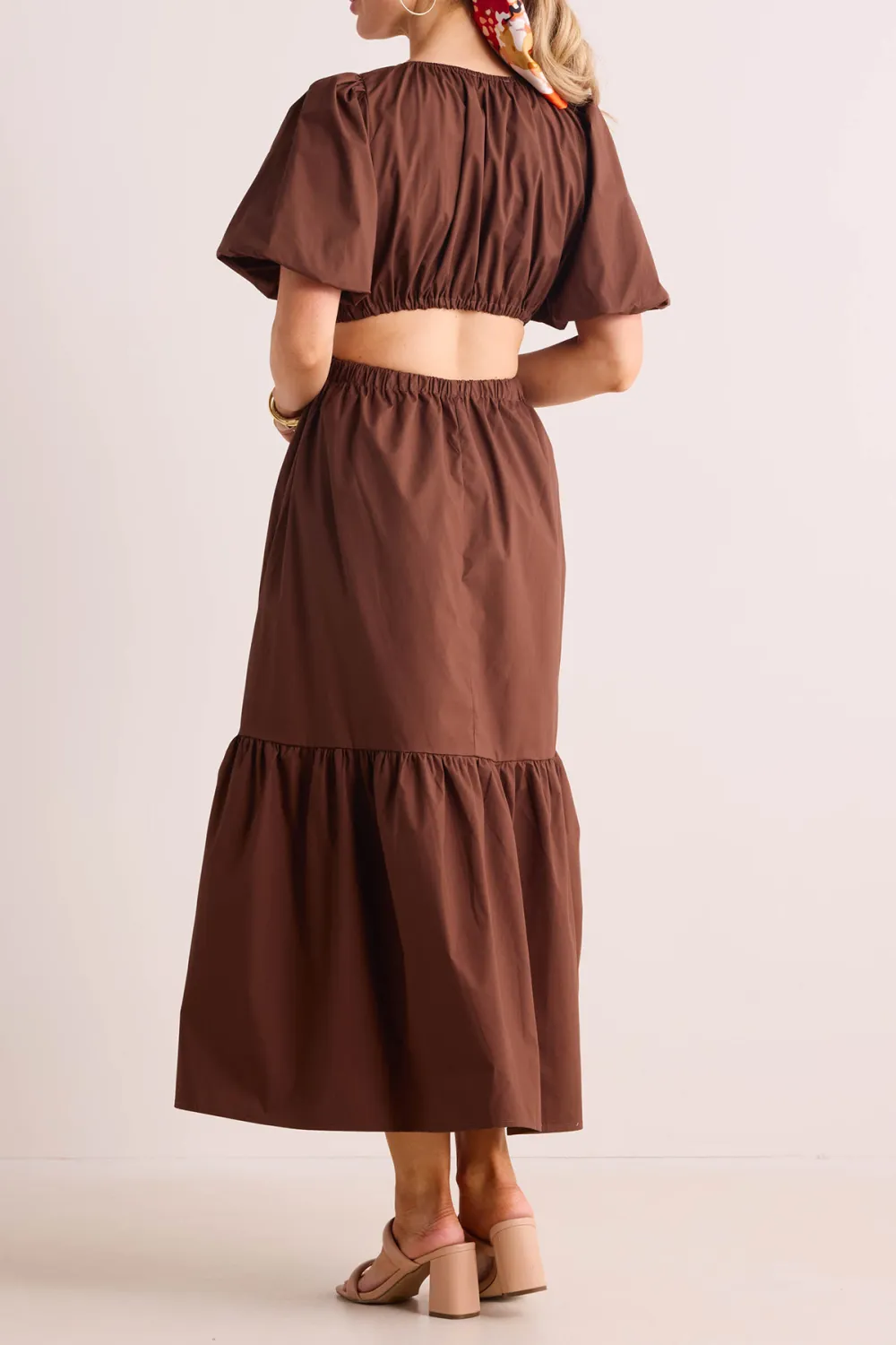 Brown Puff Sleeve Tiered Maxi Dress