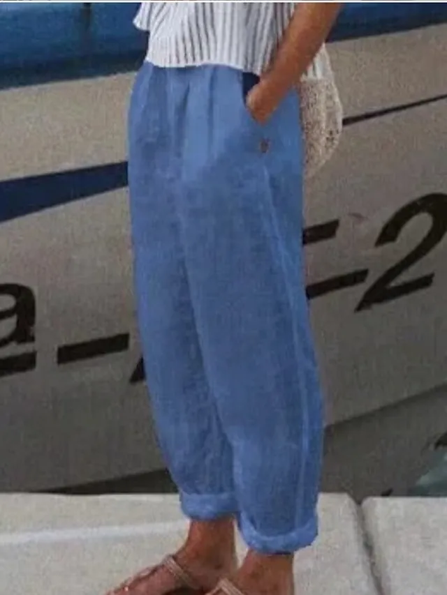 Women's Linen Pants Chinos Pants Trousers 100% Cotton Chinese Style Pleated Baggy Full Length Micro-elastic Mid Waist Casual Lounge Casual Daily White Sky Blue S M Spring &  Fall