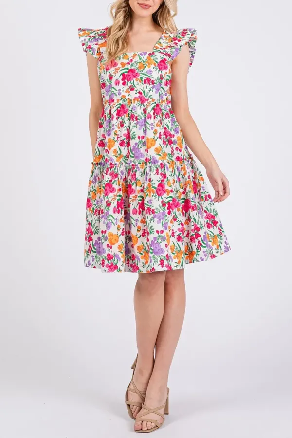 All-Match Temperament Square Neck Ivory Multl Dress