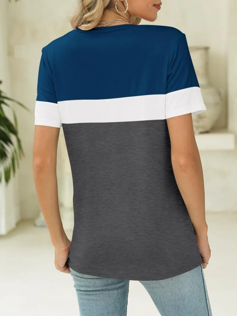 ORANDESIGNE Women's Color Block Short Sleeve T Shirts Casual V Neck Summer Tops Tees Loose Fit Blouses