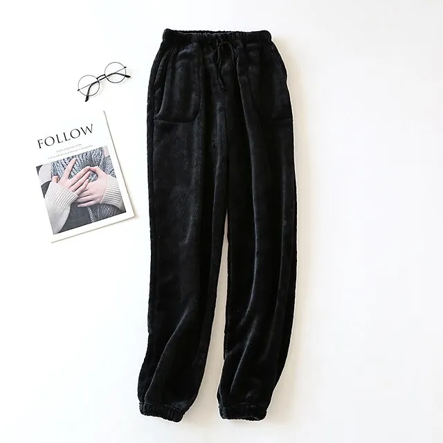 Women's Fleece Fluffy Fuzzy Warm Pajamas Pants Pjs Pure Color Simple Comfort Plush Home Daily Bed Gift Long Pant Elastic Waist Winter Fall Black Blue