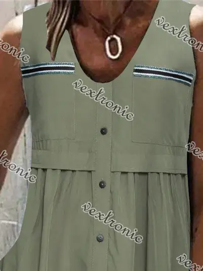 Women Sleeveless V-neck Button Stitching Solid Top