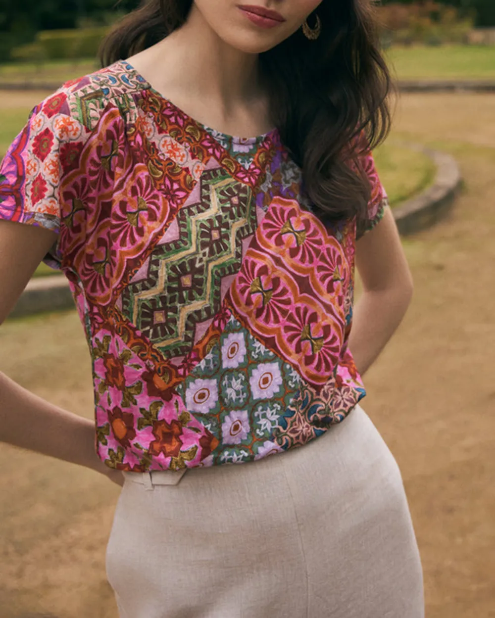 Short Sleeve Patchwork Print Blouse