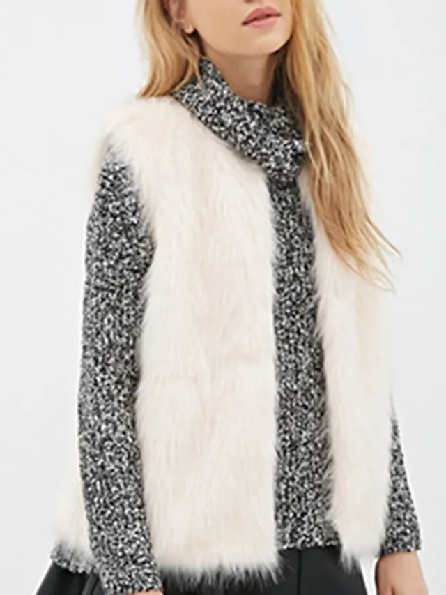 Women's Vest Wedding Daily Weekend Winter Regular Coat V Neck Regular Fit Jacket Sleeveless White Black Camel