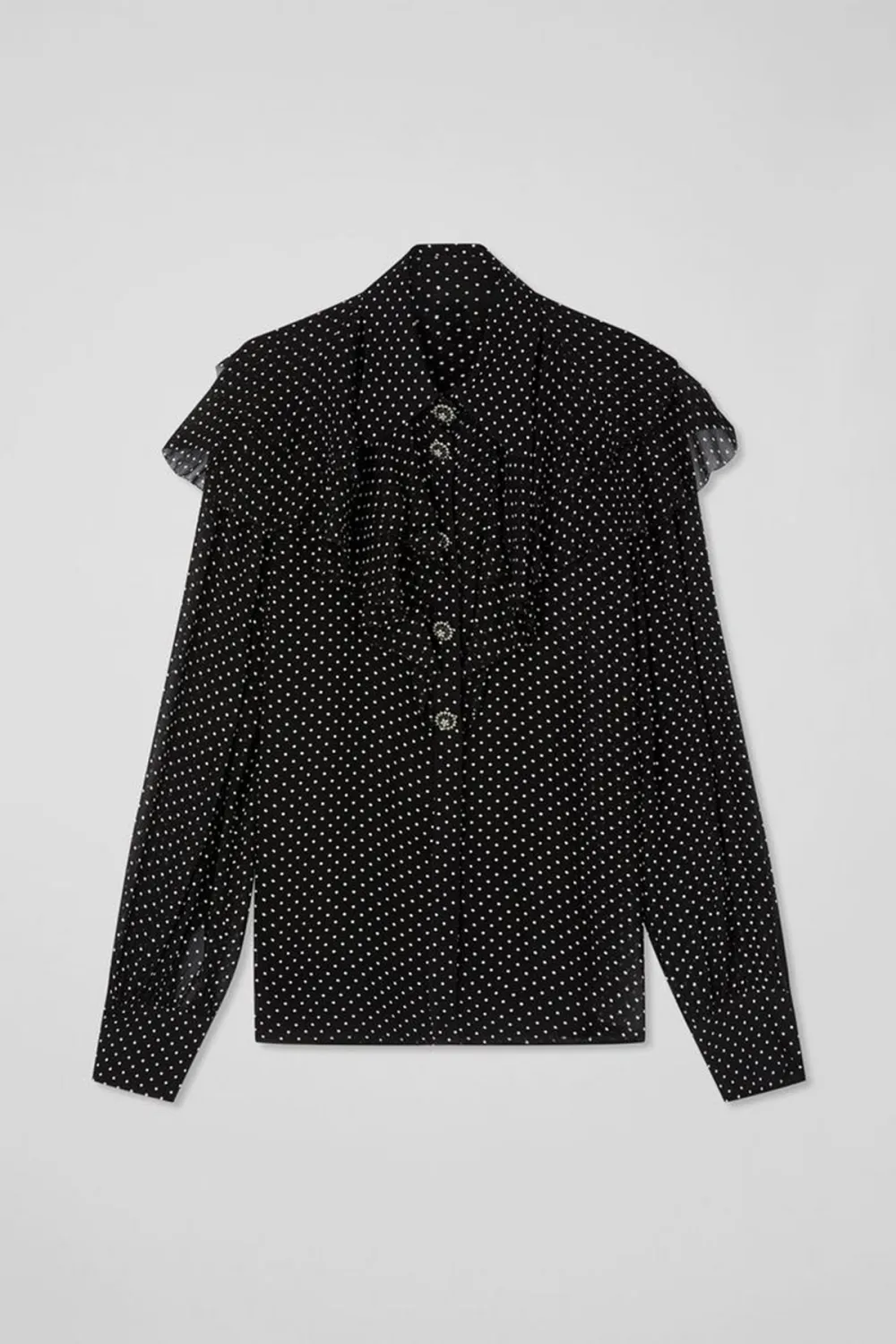 Black Polka Dot Ruffle Trim Long Sleeve Shirt