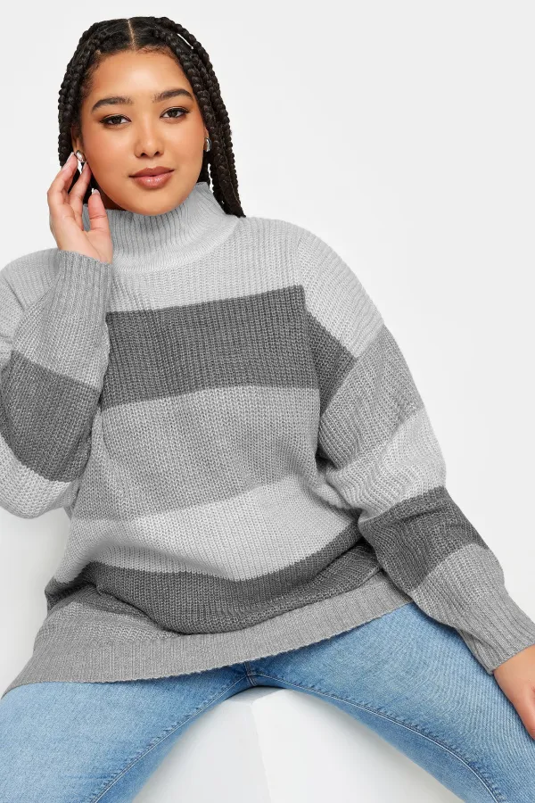 YOURS Curve Beige Brown Stripe High Neck Knitted Jumper