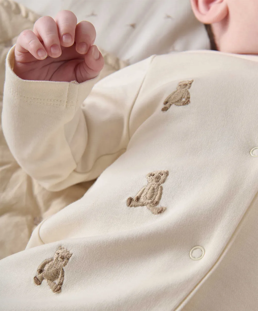 Embroidered Teddy Bear Romper - Cream