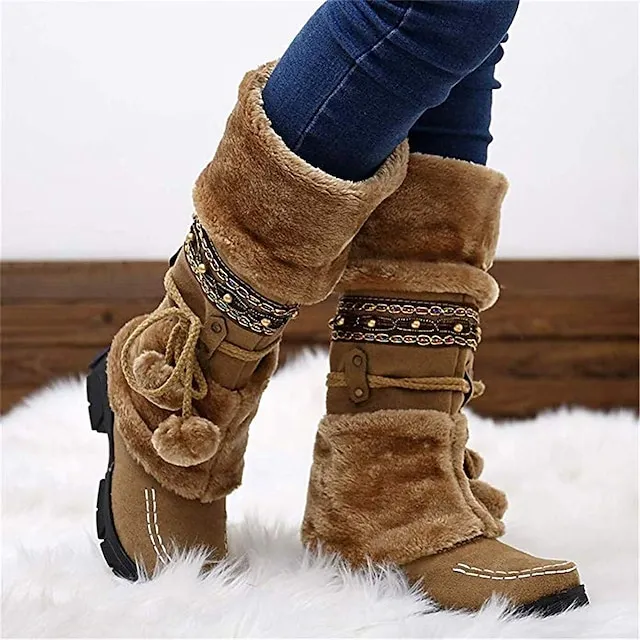 Women's Boots Snow Boots Plus Size Outdoor Daily Fleece Lined Knee High Boots Winter Bowknot Pom-pom Chunky Heel Round Toe Casual Industrial Style PU Lace-up Black Purple Brown