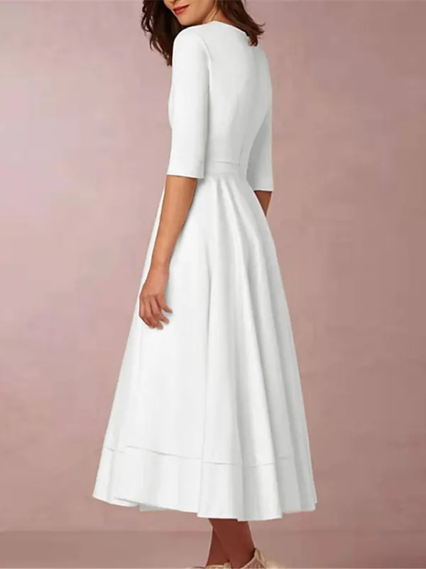 Women‘s Semi Formal Party Dress Swing Dress Midi Dress Green White Half Sleeve Pure Color Ruched Fall Spring Deep V Hot Elegant Slim 2023 S M L XL XXL 3XL / Wedding Guest / White Dress