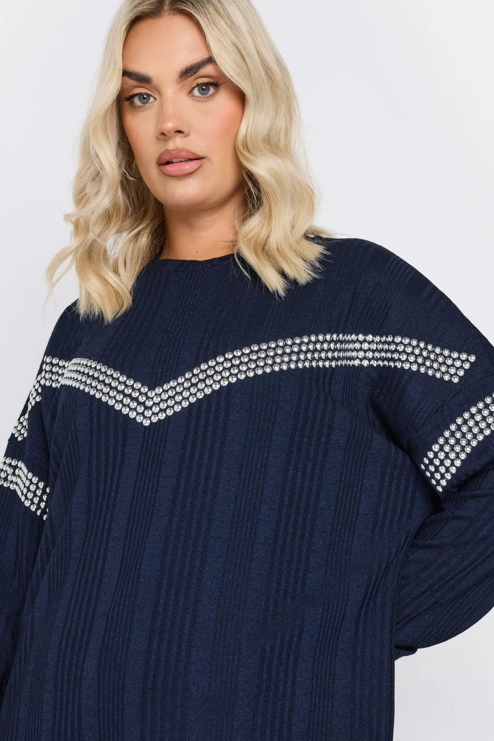 YOURS Curve Grey Ribbed Chevron Stud Jumper