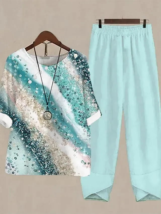 Women's Shirt Pants Sets Pants Trousers Basic Light Green Blue Holiday Weekend Floral Print Round Neck S M L XL 2XL