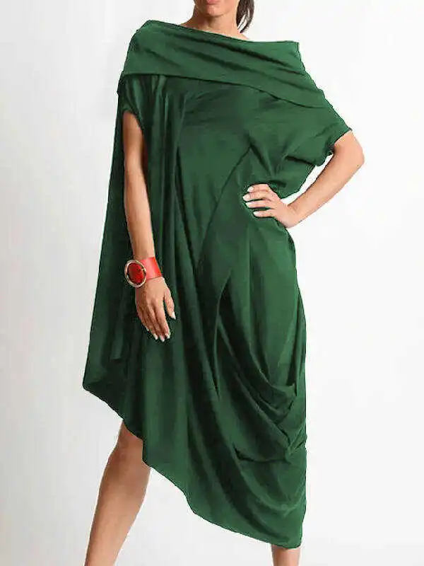 Loose Asymmetric Solid Color Midi Dresses