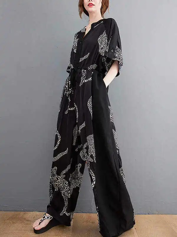 Vintage Original Floral Leopard Printed Split-Joint Tied V-Neck Half Sleeves Wide Leg Jumpsuits