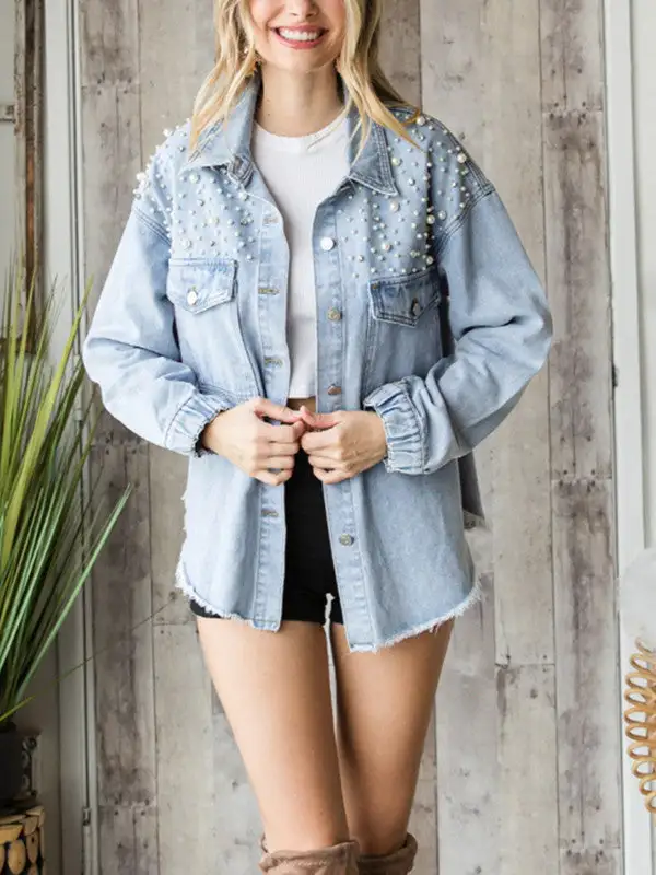 Ripped Tassel Pearl Denim Jacket